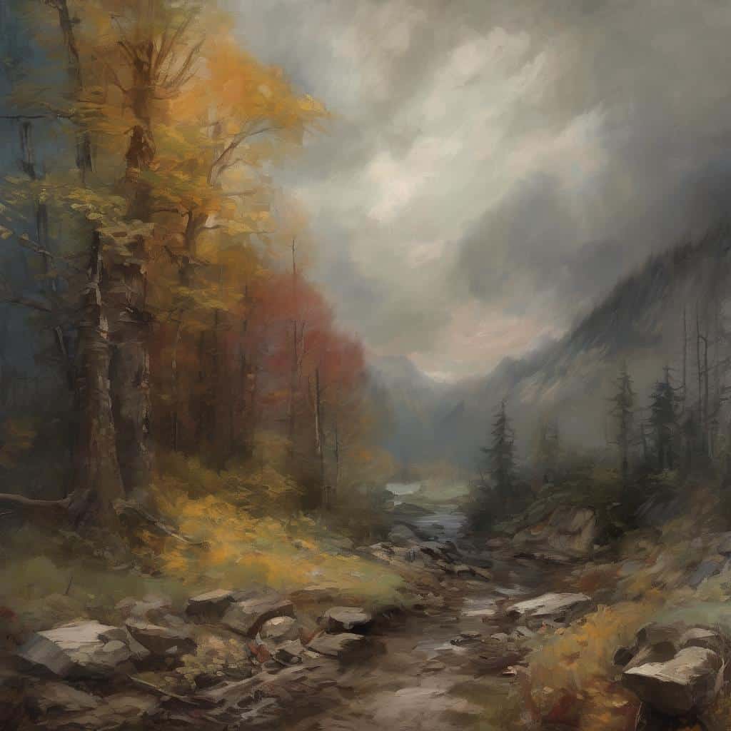 Φωτογραφία τοπίου με δάση και βουνά, ζωγραφική τέχνης και σύγχρονη καλλιτεχνική δημιουργία.