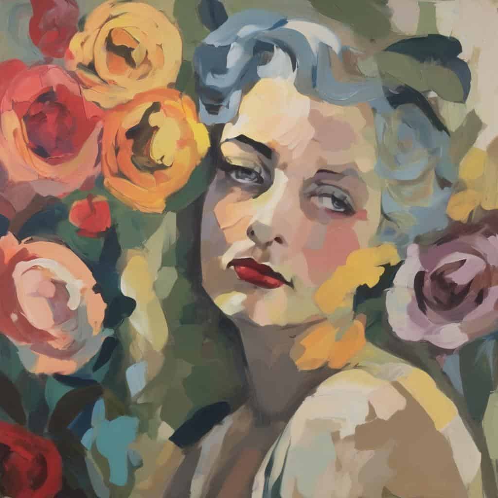 Νίνα ζωγραφική πορτρέτο γυναίκας με λουλούδια, σύγχρονη καλλιτεχνική δημιουργία, καλλιτεχνική σκηνή σήμερα.