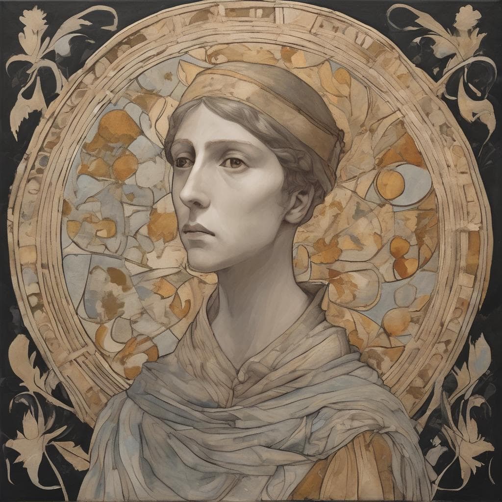 Ομορφική νεοκλασική προσωπογραφία με έμφαση στην τέχνη και τη δημιουργικότητα σήμερα, εμπνευσμένη από την καλλιτεχνική σκηνή.